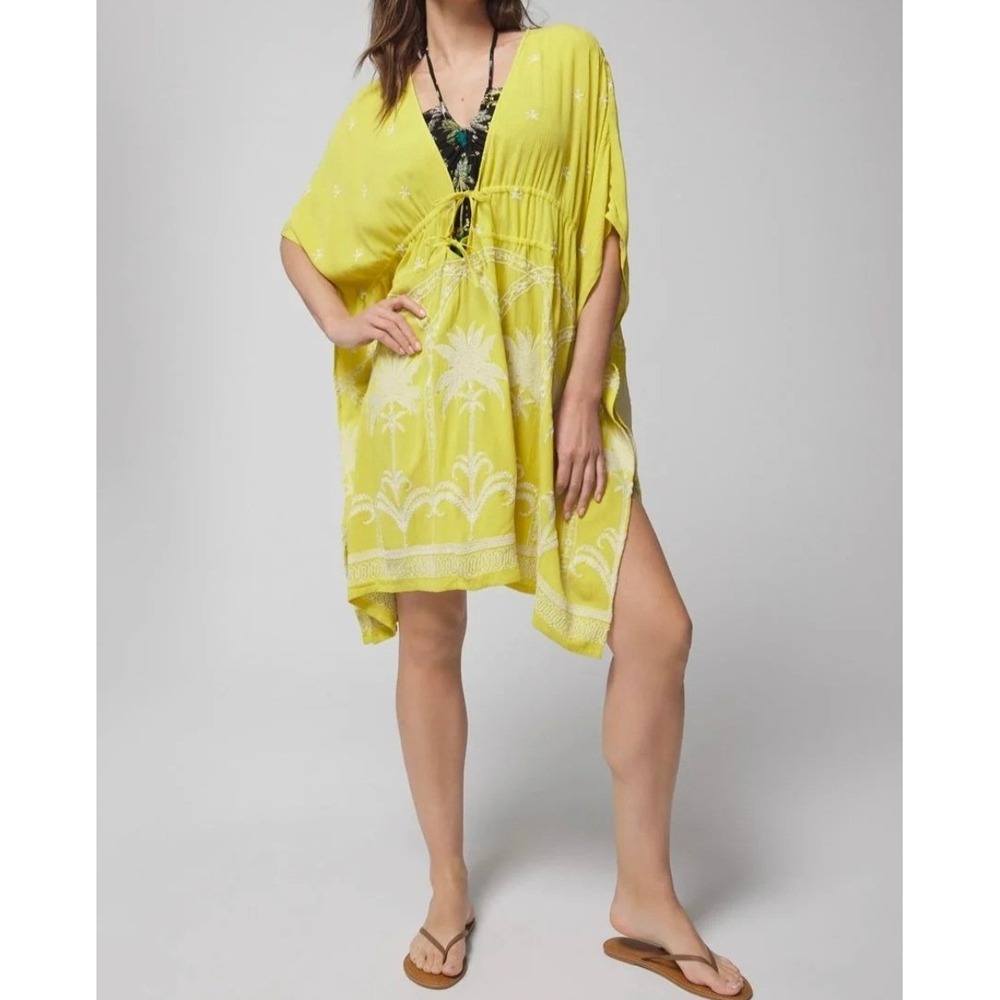 Soma Swim Embroidered Cover Up Key Lime Yellow Palm Kaftan L/XL Resortwear Vacay